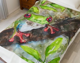 Plush Frog Blanket, Cute Frog Watercolor Design, Hand Painted Colorful and Cozy Throw, Soft Bedding