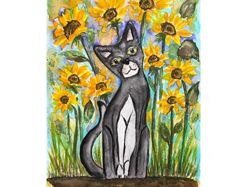 Hand Painted Original Watercolor Painting: Black Cat with Sunflowers