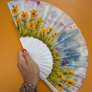 Hand Painted Sunflowers Hand Fan, Floral Fans, Silk Foldable fan, gift for her