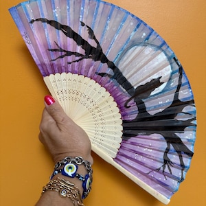 Hand Painted Cat & Moon Silk Fan: Festival Rave Folding Fan