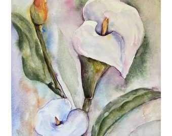 Original Calla Lily Watercolor Painting, Hand Painted Floral Abstract Wall Art