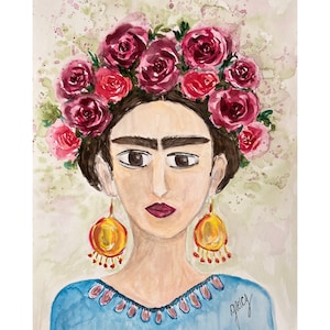 Frida and Roses Original Watercolor Painting, Hand Painted Wall Art