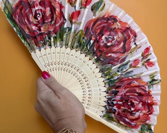 Floral Fan - Roses Designer Silk Hand Fan, Hand Painted Hand Fan - Wedding Accessory, Church Fan, Folding Hand Fan, Gifts for Women