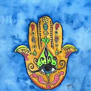 Blue Hamsa - Eastern Inspired Art - Hand of Fatima - Colorful and Happy Wall Art - Good Fortune - Good Vibes - Evil Eye Protection
