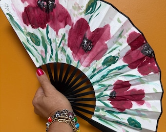 Hand Painted Poppy Floral Fan, HANDMADE Watercolor Poppies Hand Fan, Beach, Wedding, Festival, and Travel Accessory
