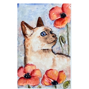 Hand Painted Siamese Cat and Poppies Watercolor Painting, original artwork, not a print