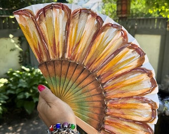 Daisy Flower Hand Painted Handheld Folding Fan, Wooden and Fabric HANDMADE Hand Fan, Beach Wedding, Festival and Travel Accessory