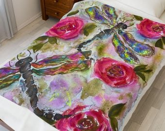 Dragonfly Blanket: Hand Painted Watercolor Art Throw Blanket, Boho Style Nature Inspired Home Decor