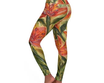 Hand Painted Orange Lilies Watercolor High Waisted Floral Yoga Leggings