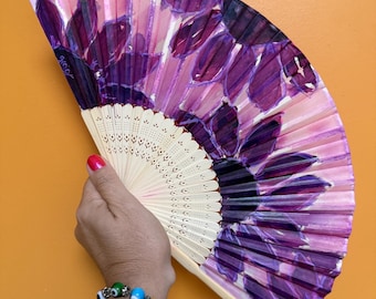 Hand-Painted Floral Hand Fan: Purple Watercolor Sunflowers