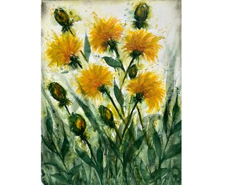 Dandelion Watercolor Original Painting Yellow Flowers Wall Art, Happy Wall Art, Dandelion Painting, Dandelion Wall Art, Dandelion Gifts