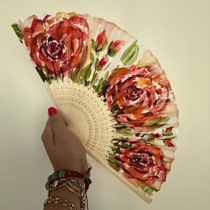 Floral Fan - Hand Painted Roses Designer Silk Hand Fan, Gifts for Women and Wedding Accessory