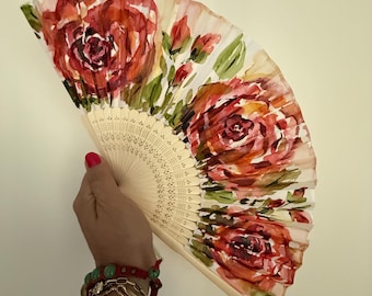 Floral Fan - Hand Painted Roses Designer Silk Hand Fan, Gifts for Women and Wedding Accessory