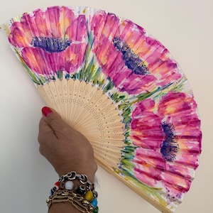 Pink Poppies Hand Fan, Hand Painted Floral Folding Fan, Flower Lover Gift, Wedding or Summer Handheld Fan