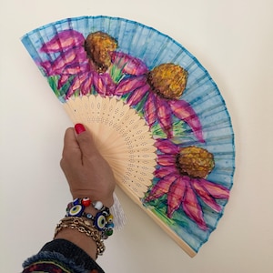 Pink Floral Fan, Hand Painted Echinacea Designer Silk Hand Fan, Gifts for Women