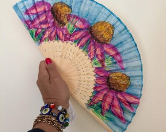 Pink Coneflowers Hand Painted Silk Folding Hand Fan, HANDMADE Floral Fan for Beach, Wedding and Festivals