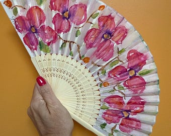 Pink Flowers Hand Painted, HANDMADE Silk Hand Fan, Pink Floral Watercolor Design Floral Boho Handheld Fan