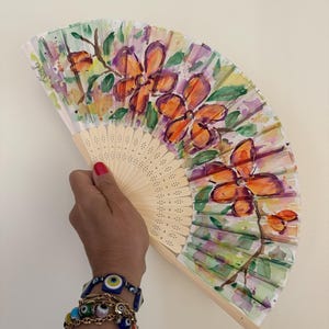 Tropical Flowers Fan - Floral Hand Fan Designer Silk Hand Fan, Hand Painted Hand Fan - Wedding Accessory, Church Fan, Folding Hand Fan