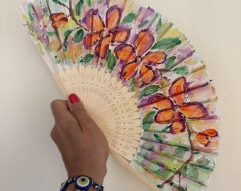 Tropical Floral Hand Fan: Hand Painted Silk Folding Fan