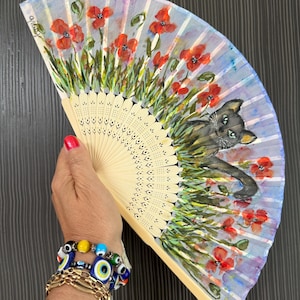 Hand Painted Cat Hand Fan, Cat Lover Gift, Festival Fan, Rave Fan, Folding Fan, Silk Hand Fans, Spanish Hand Fan, Cat and Flower Poppies