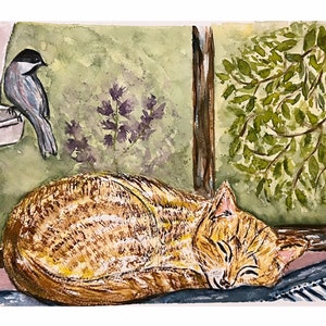 Hand Painted Tabby Cat Original Watercolor Painting