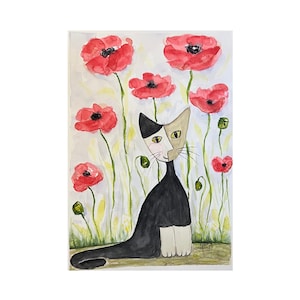 Colorful Cat and Poppies Watercolor Painting