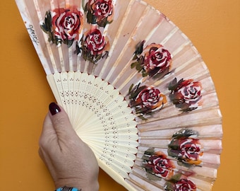 HANDMADE, Hand Painted Roses Floral Boho Folding Hand Fan