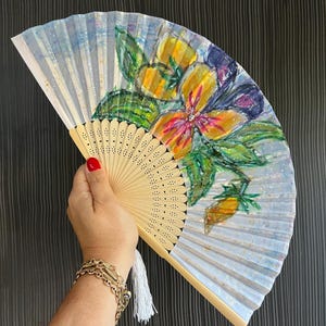 Hand Painted Pansies Hand Fan – Floral Folding Fan, Spanish Silk Fan, Wedding Fan, Church Fan, Opera Handheld Fan