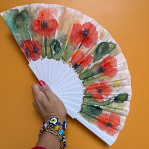 Poppies Hand fan, hand painted hand fans, beach wedding, spanish hand fan, menopause gift, gift for her Poppies Flower Art, Poppy Flower Fan