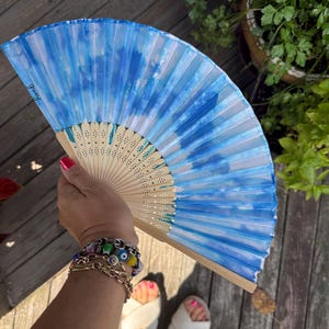 Hand Painted Blue Sparkle Hand Fan, weddings, beach and travel accessory