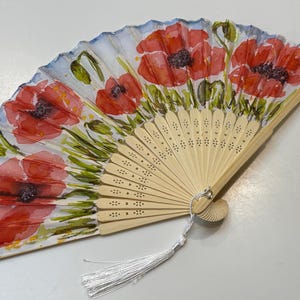 Hand Painted Poppies Hand Fan, Unique hand fans, beach wedding accessory, gift for her