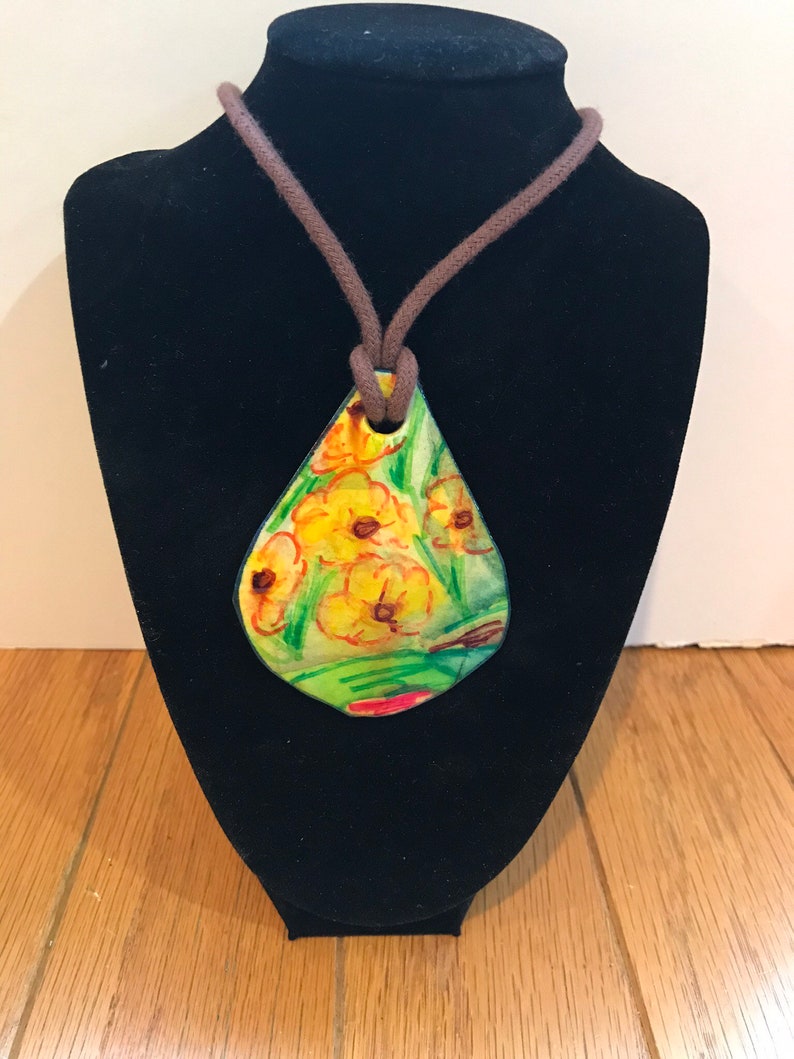 Hand Painted Hand Made Wearable Art Boho Nature Inspired Gift for Her Purple Flower Pendant Teardrop Necklace Unique Necklace Adjustable