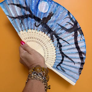 Hand-Painted Cat & Moon Fan: Witchy Gothic Silk Fan