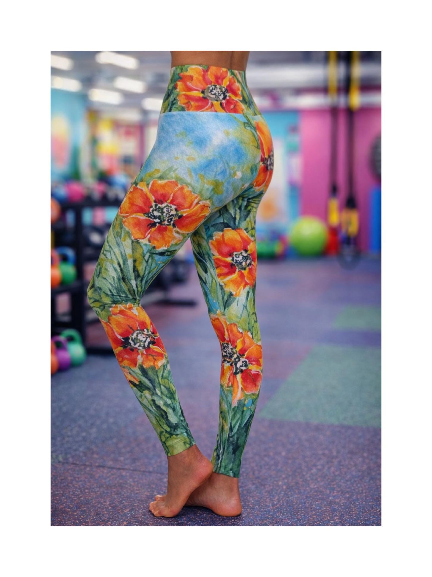 Watercolor Marigold Floral High Waisted Yoga Leggings, Bright Whimsical Hand Painted Flowers Gym Wear