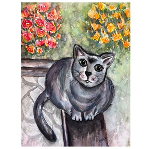 Gray Cat Watercolor Painting: Original Floral Cat Art