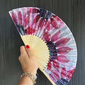Floral Hand Fan – Hand Painted Folding Fan, Pink Flower Fan, Wedding Hand Fan, Church Fan, Handheld Fan Gift