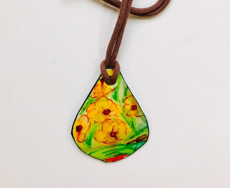 Hand Painted Hand Made Wearable Art Boho Nature Inspired Gift for Her Purple Flower Pendant Teardrop Necklace Unique Necklace Adjustable