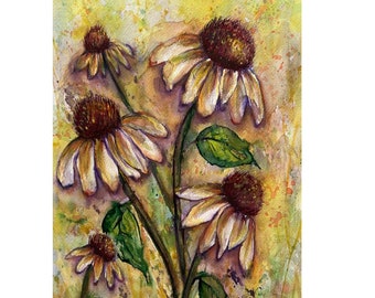 Echinacea Original Watercolor Painting, White Coneflowers Flowers Painting, echinacea wall decor, coneflowers painting, coneflowers lover