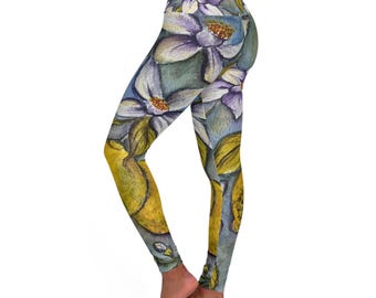 Leggings pintados a mano con diseño de limonero, leggings de yoga de cintura alta con diseño floral en acuarela.