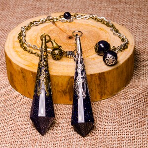 Blue Gold Sandstone Crystal Pendulum,Chakra Crystal Pendulum,Dowsing Tool,Gift Box,Birthday Gift,Healing Dowsing Energy Balancing,Necklace