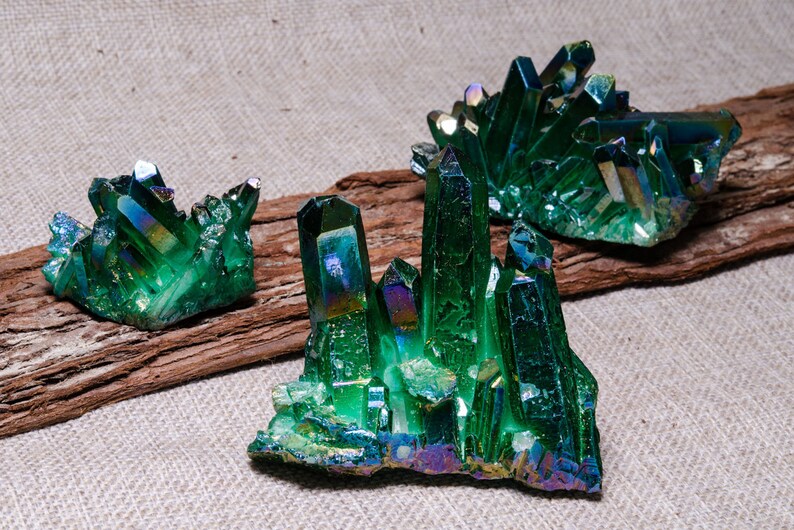 Dark Green Aura Quartz Clustertitanium Mineral Crystal Etsy