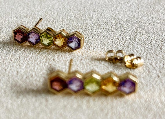 Exquisite 14k Hexagonal Multi-Gem Drop Earrings - image 8
