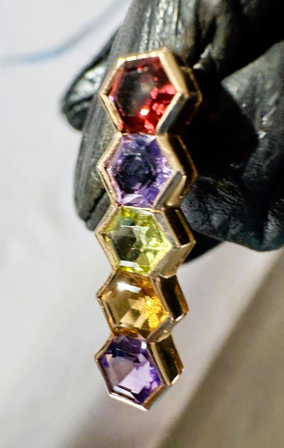 Exquisite 14k Hexagonal Multi-Gem Drop Earrings - image 1