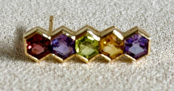 Exquisite 14k Hexagonal Multi-Gem Drop Earrings - image 5