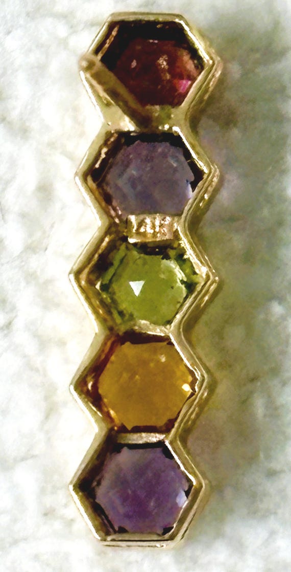 Exquisite 14k Hexagonal Multi-Gem Drop Earrings - image 6