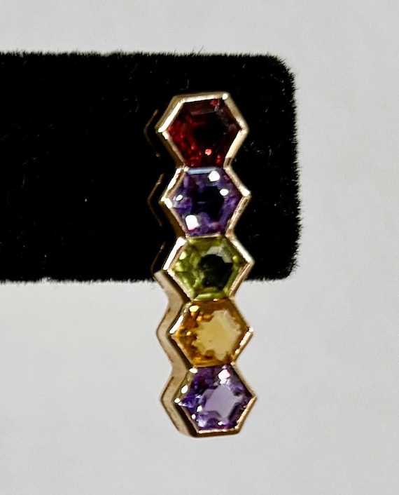 Exquisite 14k Hexagonal Multi-Gem Drop Earrings - image 3