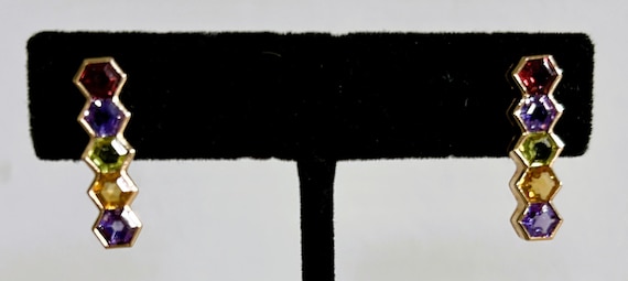 Exquisite 14k Hexagonal Multi-Gem Drop Earrings - image 2