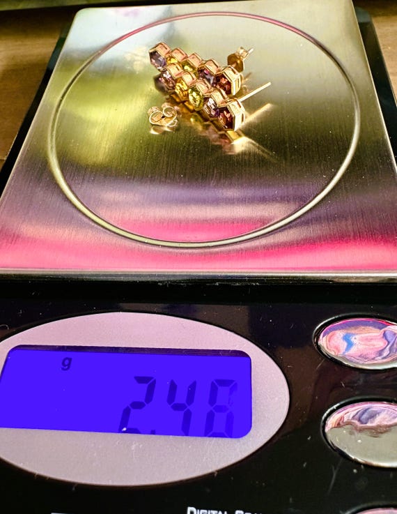 Exquisite 14k Hexagonal Multi-Gem Drop Earrings - image 7