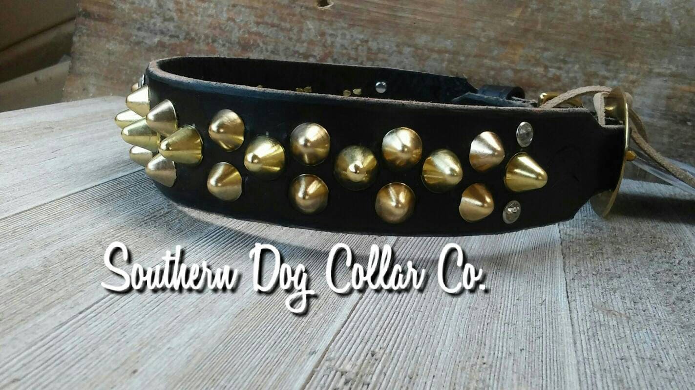 Leather Dog Collar With Brass Studs & Dog Motif - Adjustable, 17.5-21.5 Inch Neck, Made In UK