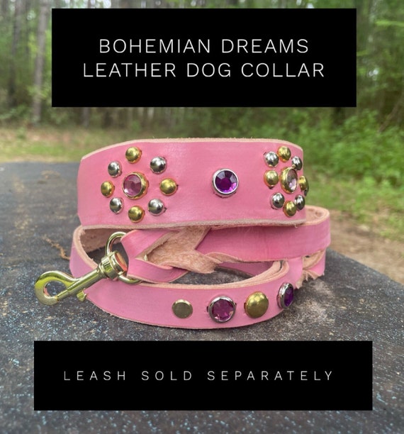 Floral leather dog collar in Bohemian Dreams" girly collar w/brass and silver studs-dog collar girl-small, med, large dog collar